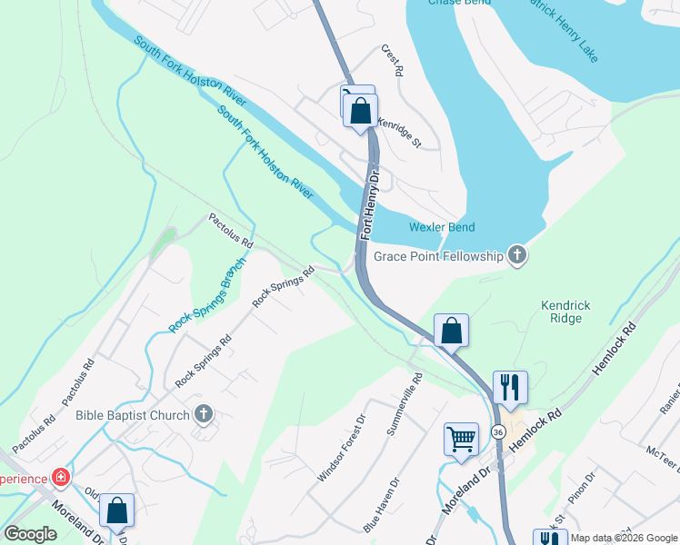 map of restaurants, bars, coffee shops, grocery stores, and more near 101 Rock Springs Road in Kingsport