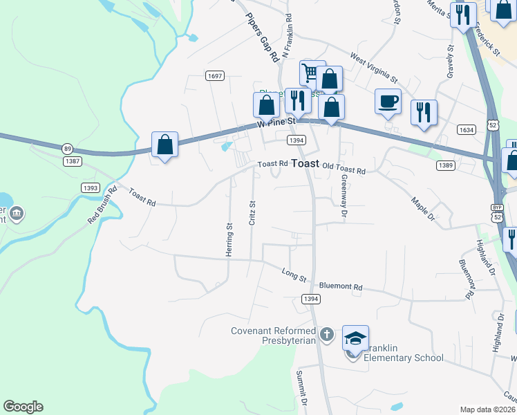 map of restaurants, bars, coffee shops, grocery stores, and more near 195 Critz Street in Mount Airy