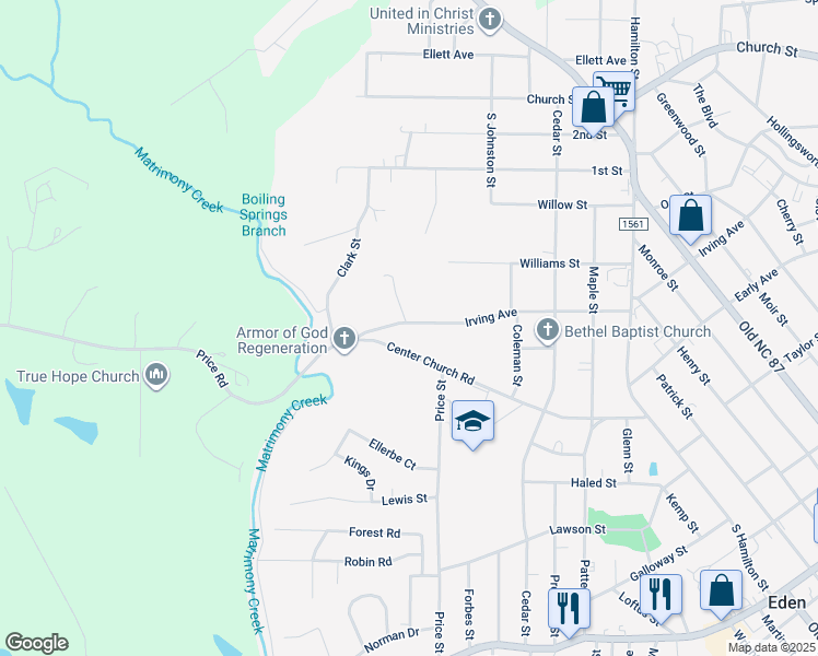 map of restaurants, bars, coffee shops, grocery stores, and more near 1220 Center Church Road in Eden