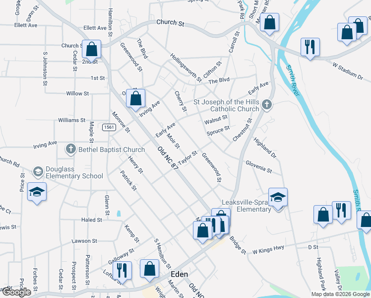 map of restaurants, bars, coffee shops, grocery stores, and more near 504 Moir Street in Eden