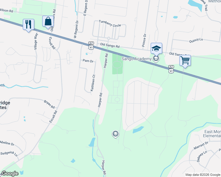 map of restaurants, bars, coffee shops, grocery stores, and more near 170 Harper Road in Clarksville