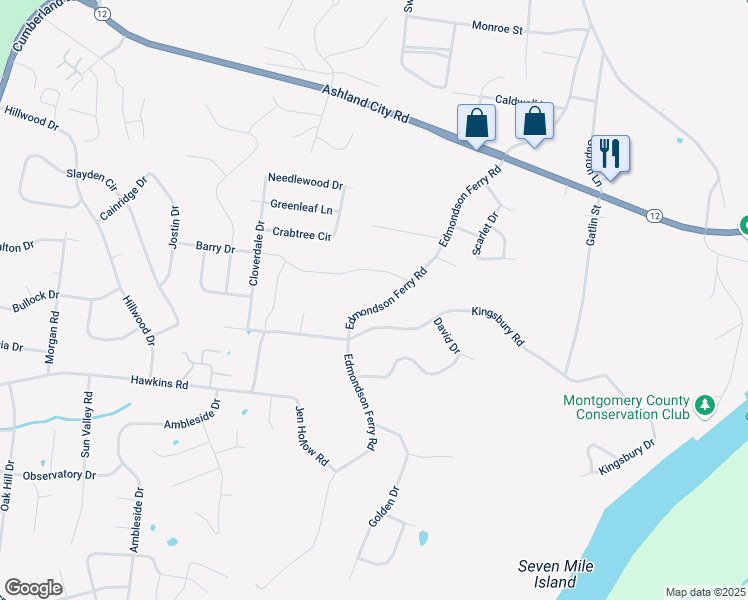 map of restaurants, bars, coffee shops, grocery stores, and more near 278 Edmondson Ferry Road in Clarksville
