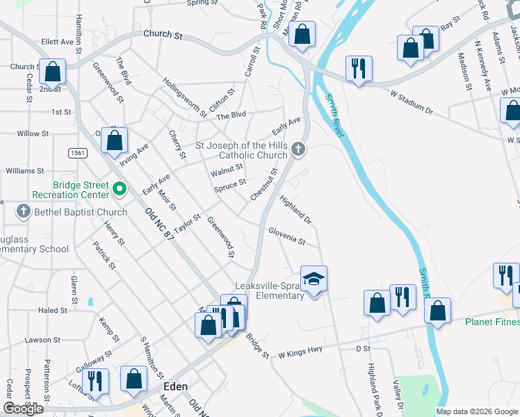 map of restaurants, bars, coffee shops, grocery stores, and more near 415 Boone Road in Eden