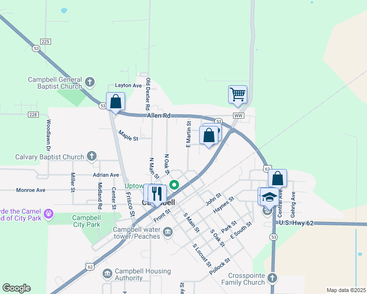 map of restaurants, bars, coffee shops, grocery stores, and more near 621 East Martin Street in Campbell
