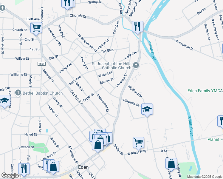 map of restaurants, bars, coffee shops, grocery stores, and more near 507 Ash Street in Reidsville