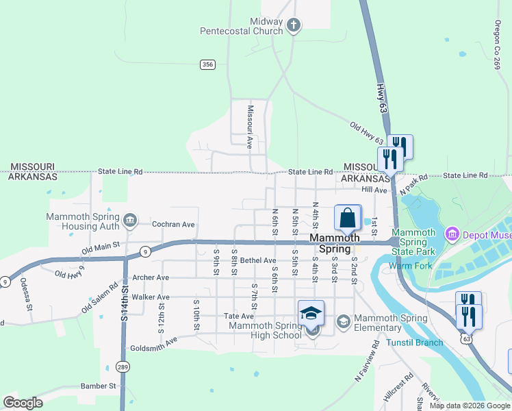 map of restaurants, bars, coffee shops, grocery stores, and more near 715 Culp in Mammoth Spring