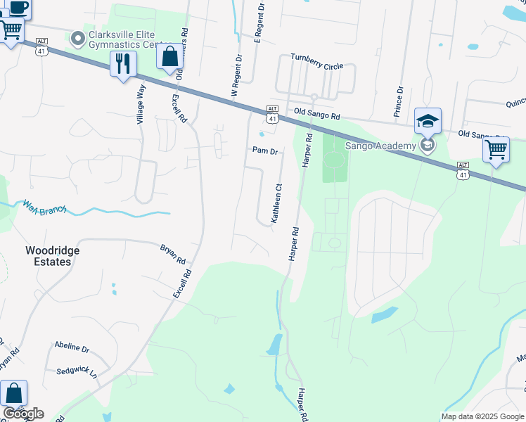 map of restaurants, bars, coffee shops, grocery stores, and more near 262 Kathleen Court in Clarksville