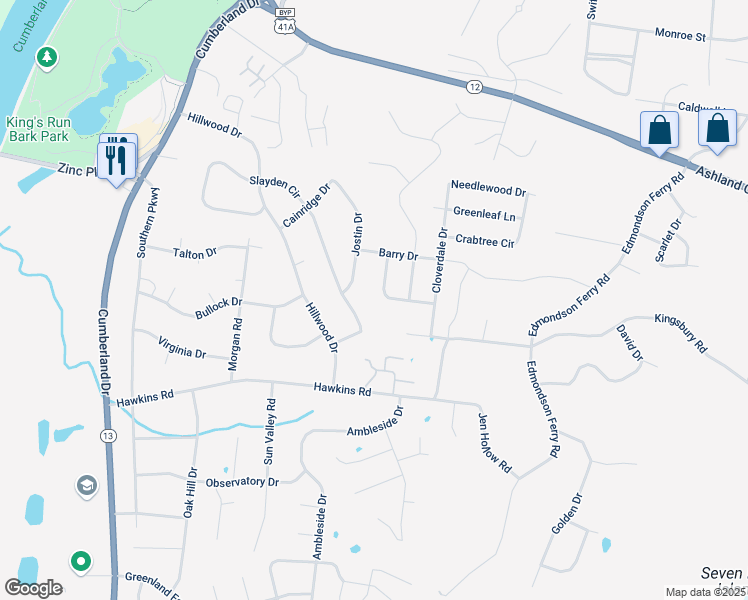 map of restaurants, bars, coffee shops, grocery stores, and more near 310 Meadow Green Drive in Clarksville