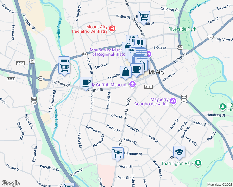 map of restaurants, bars, coffee shops, grocery stores, and more near 347 West Pine Street in Mount Airy