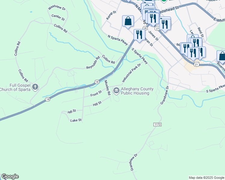 map of restaurants, bars, coffee shops, grocery stores, and more near Industrial Park Drive in Sparta
