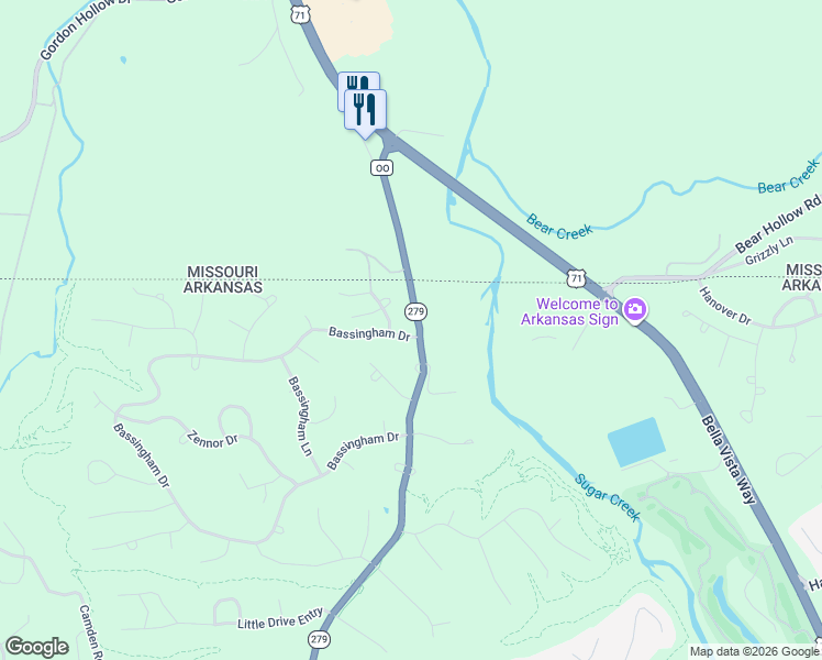 map of restaurants, bars, coffee shops, grocery stores, and more near 91 Bassingham Drive in Bella Vista
