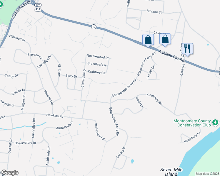 map of restaurants, bars, coffee shops, grocery stores, and more near 418 Crabtree Circle in Clarksville