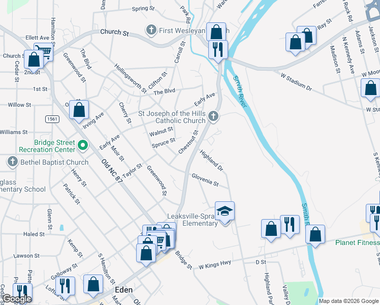 map of restaurants, bars, coffee shops, grocery stores, and more near 415 Boone Road in Eden