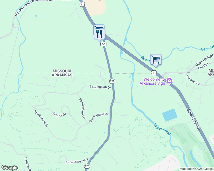 map of restaurants, bars, coffee shops, grocery stores, and more near 91 Bassingham Drive in Bella Vista