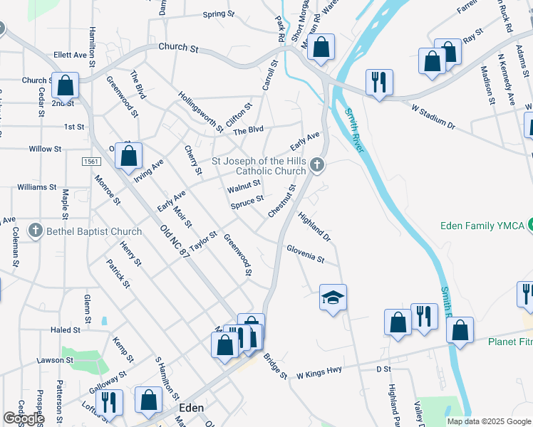 map of restaurants, bars, coffee shops, grocery stores, and more near 433 Chestnut Street in Eden