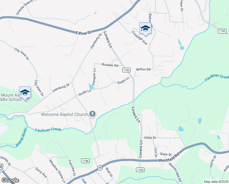 map of restaurants, bars, coffee shops, grocery stores, and more near 448 Smith Lane in Mount Airy