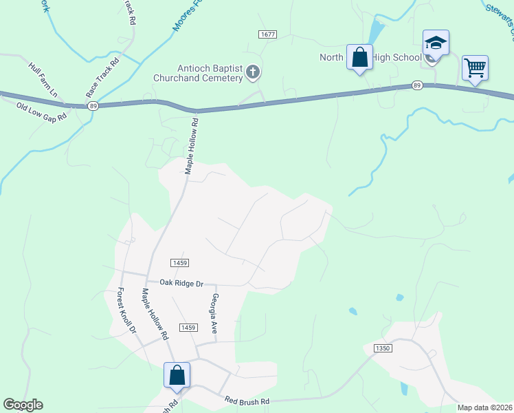 map of restaurants, bars, coffee shops, grocery stores, and more near 198 Oak Ridge Place in Mount Airy
