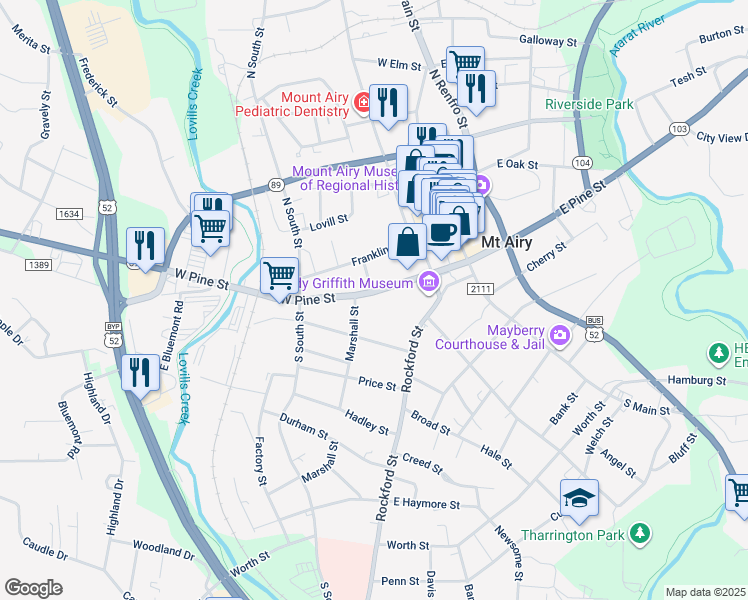 map of restaurants, bars, coffee shops, grocery stores, and more near 347 West Pine Street in Mount Airy