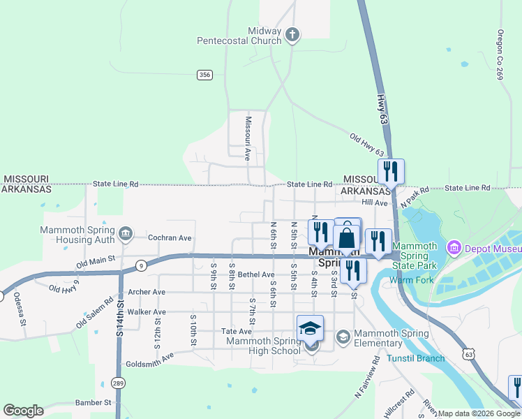 map of restaurants, bars, coffee shops, grocery stores, and more near 715 Culp in Mammoth Spring
