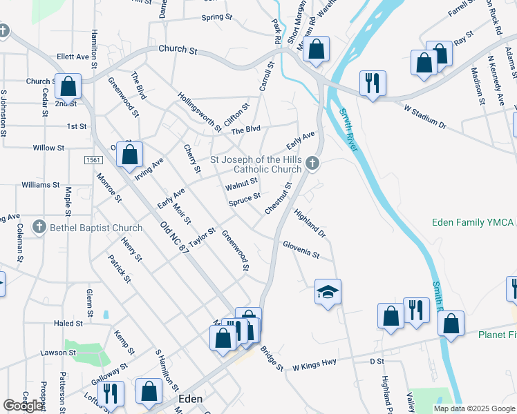 map of restaurants, bars, coffee shops, grocery stores, and more near 507 Ash Street in Reidsville