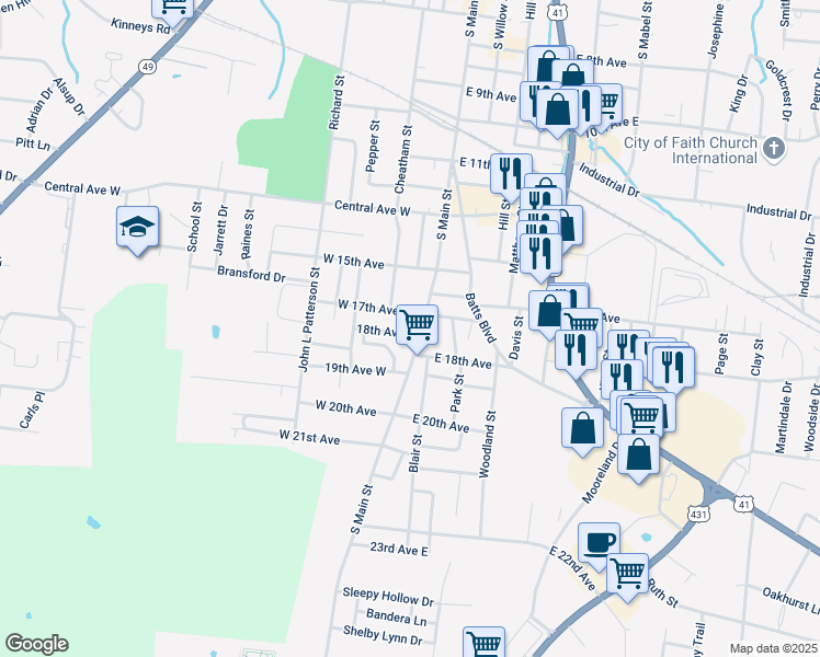 map of restaurants, bars, coffee shops, grocery stores, and more near 1709 South Main Street in Springfield