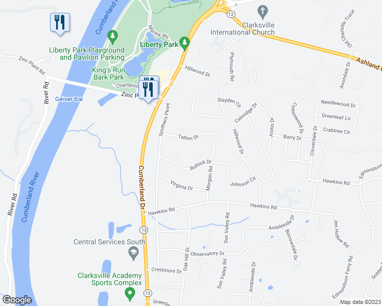 map of restaurants, bars, coffee shops, grocery stores, and more near 115 Morgan Court in Clarksville