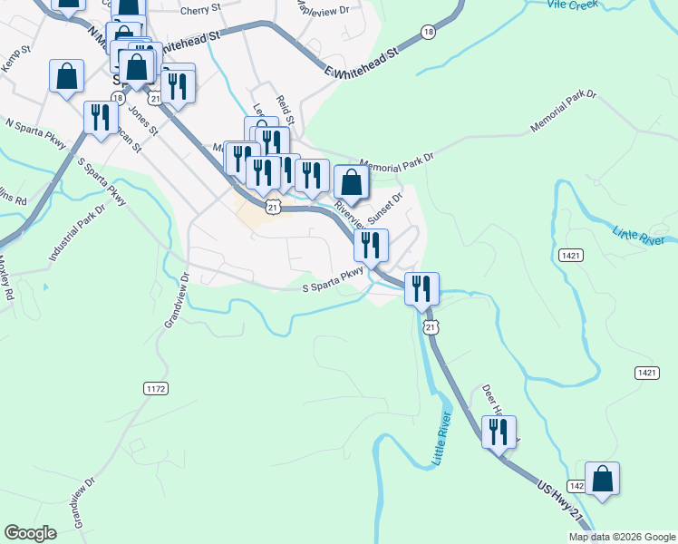 map of restaurants, bars, coffee shops, grocery stores, and more near 180 Ballpark Road in Sparta