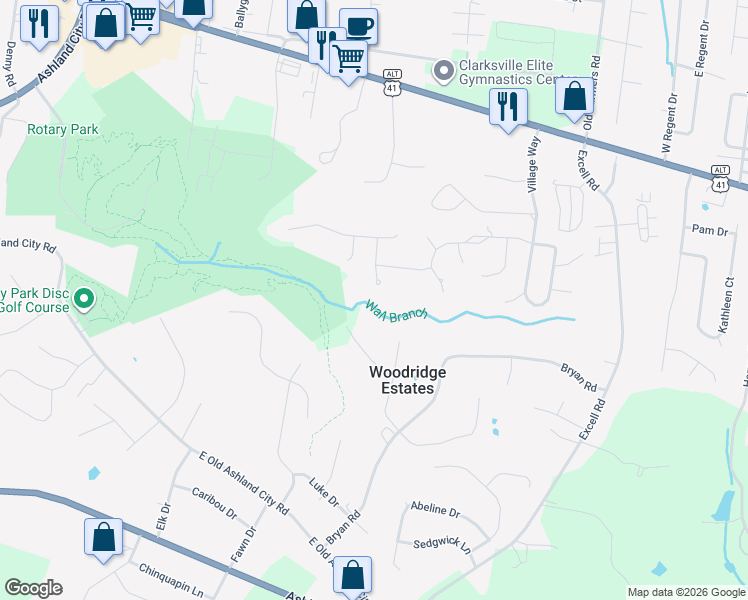 map of restaurants, bars, coffee shops, grocery stores, and more near 170 Steeple Ridge Way in Clarksville