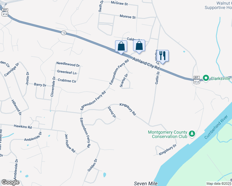 map of restaurants, bars, coffee shops, grocery stores, and more near 524 Edmondson Ferry Court in Clarksville