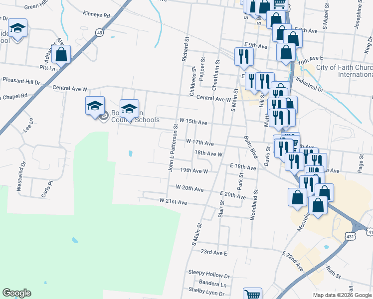 map of restaurants, bars, coffee shops, grocery stores, and more near 305 18th Avenue West in Springfield
