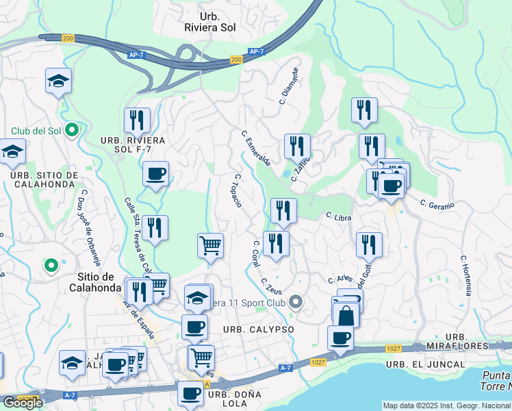map of restaurants, bars, coffee shops, grocery stores, and more near in Urbanización Riviera Sol