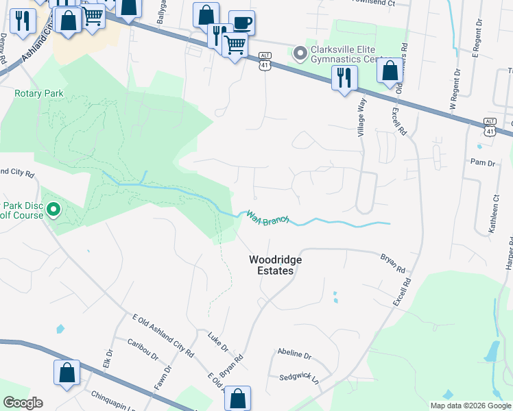 map of restaurants, bars, coffee shops, grocery stores, and more near 170 Steeple Ridge Way in Clarksville