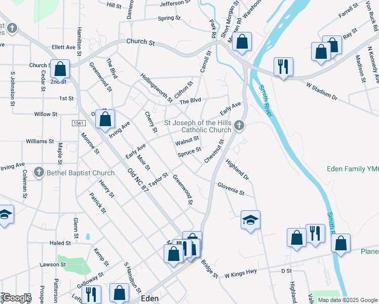 map of restaurants, bars, coffee shops, grocery stores, and more near 905 Ash Street in Eden