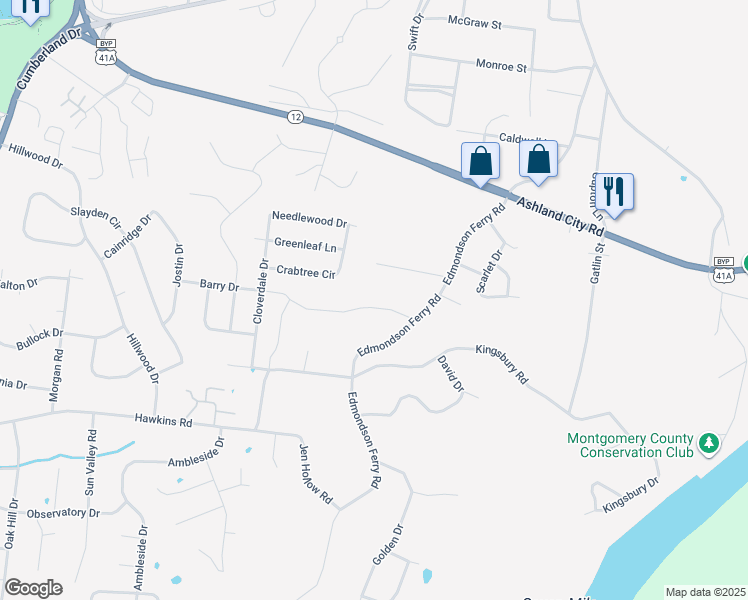 map of restaurants, bars, coffee shops, grocery stores, and more near 278 Edmondson Ferry Road in Clarksville