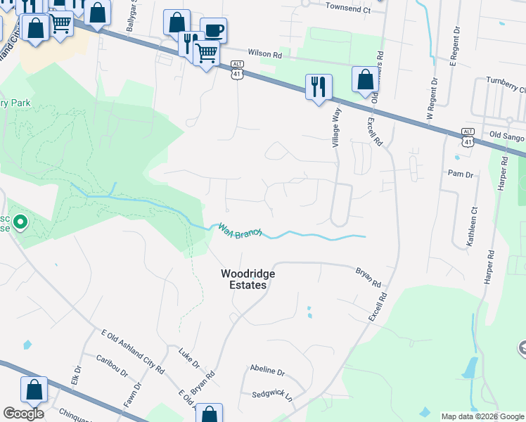 map of restaurants, bars, coffee shops, grocery stores, and more near 2556 Hedgerow Lane in Clarksville