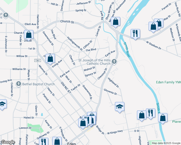 map of restaurants, bars, coffee shops, grocery stores, and more near 424 Glovenia Street in Eden