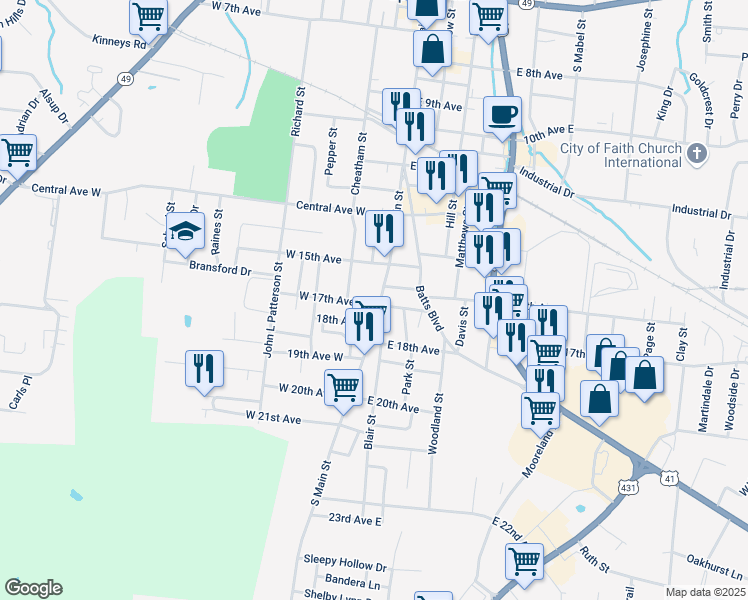 map of restaurants, bars, coffee shops, grocery stores, and more near 1709 South Main Street in Springfield