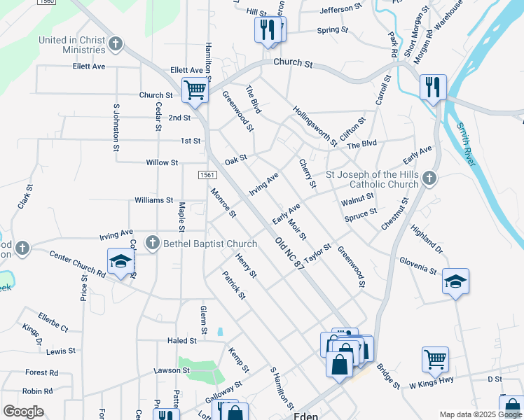 map of restaurants, bars, coffee shops, grocery stores, and more near 314 North Bridge Street in Eden