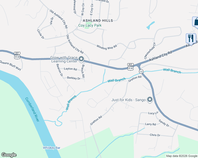 map of restaurants, bars, coffee shops, grocery stores, and more near 2405 Old Ashland City Road in Clarksville