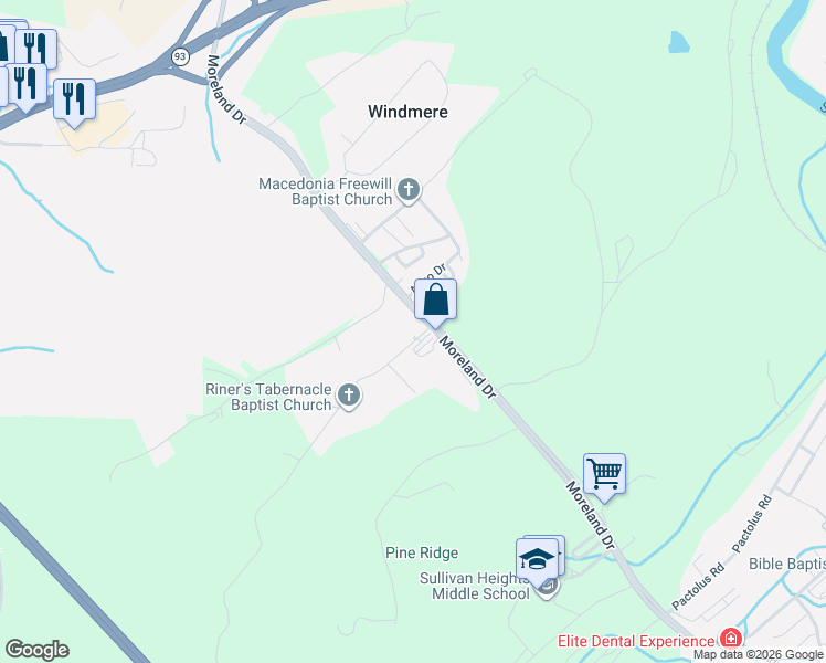 map of restaurants, bars, coffee shops, grocery stores, and more near 909 Moreland Drive in Kingsport