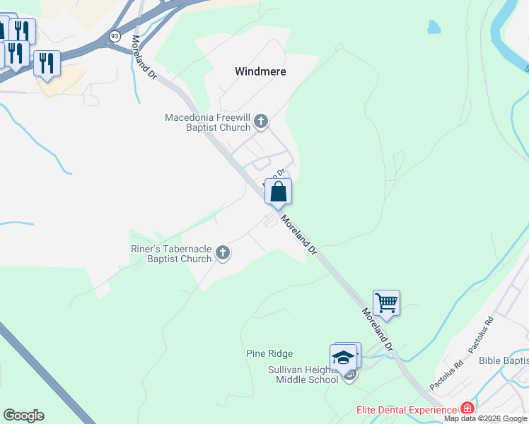 map of restaurants, bars, coffee shops, grocery stores, and more near 909 Moreland Drive in Kingsport