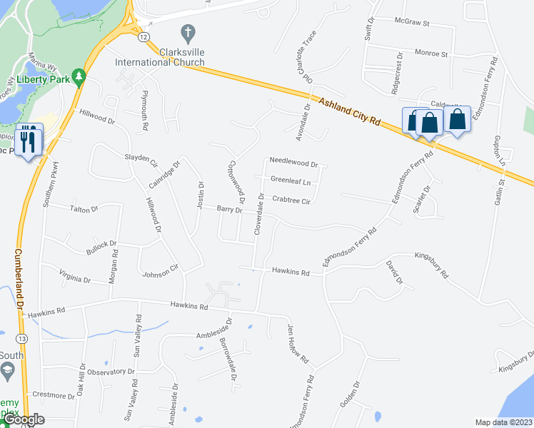 map of restaurants, bars, coffee shops, grocery stores, and more near 400 Crabtree Circle in Clarksville