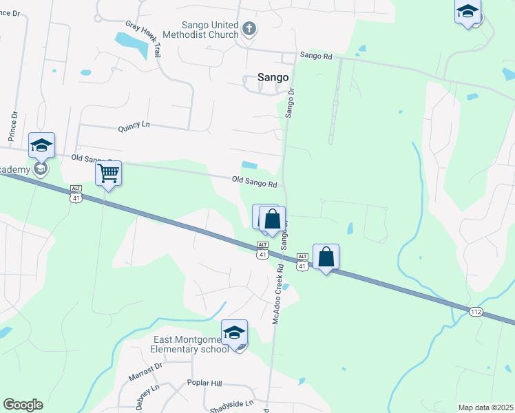 map of restaurants, bars, coffee shops, grocery stores, and more near 166 Sango Drive in Clarksville
