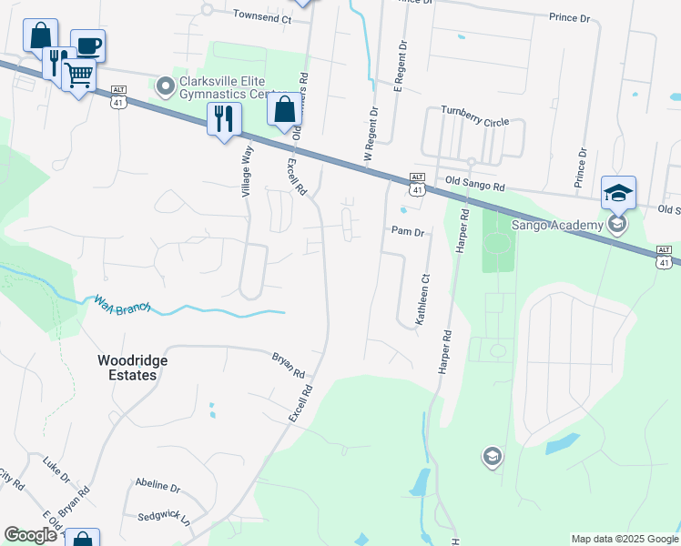 map of restaurants, bars, coffee shops, grocery stores, and more near 201 Excell Road in Clarksville