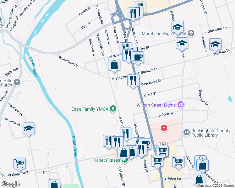 map of restaurants, bars, coffee shops, grocery stores, and more near 212 South Kennedy Street in Eden