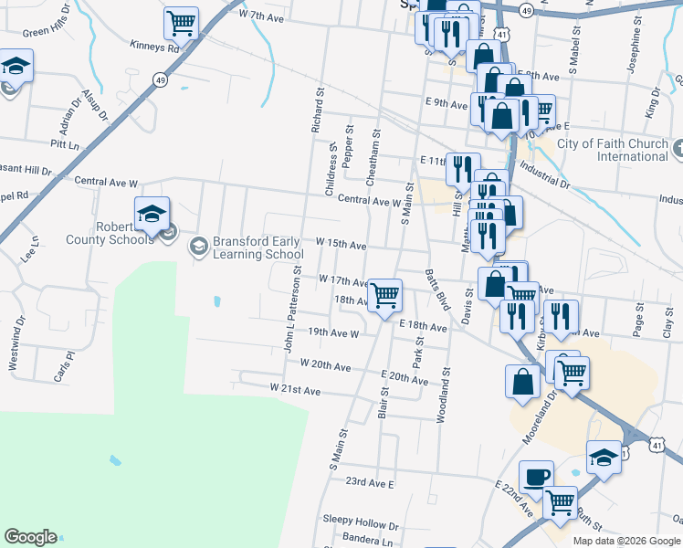 map of restaurants, bars, coffee shops, grocery stores, and more near 1504 Leota Street in Springfield