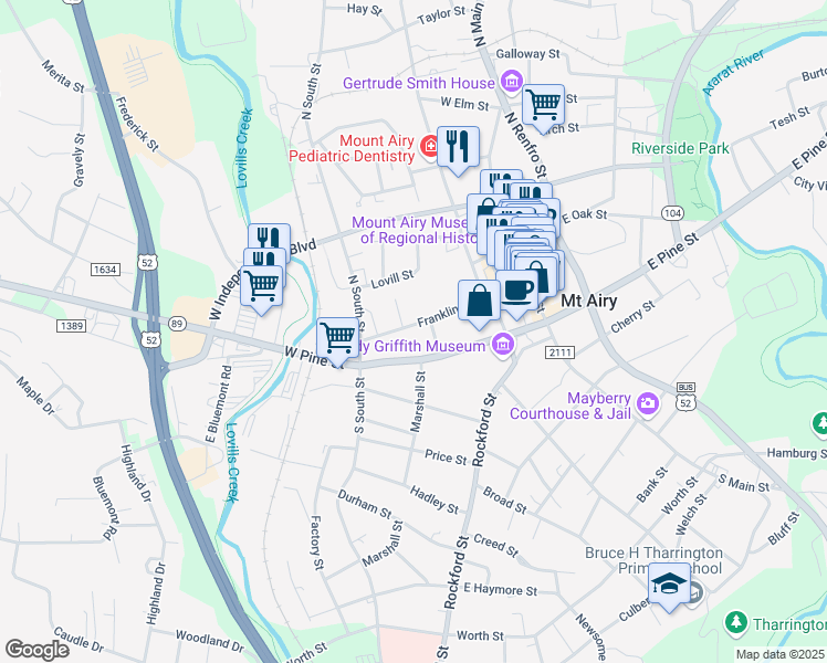 map of restaurants, bars, coffee shops, grocery stores, and more near 341 Franklin Street in Mount Airy