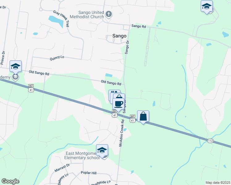 map of restaurants, bars, coffee shops, grocery stores, and more near 166 Sango Drive in Clarksville
