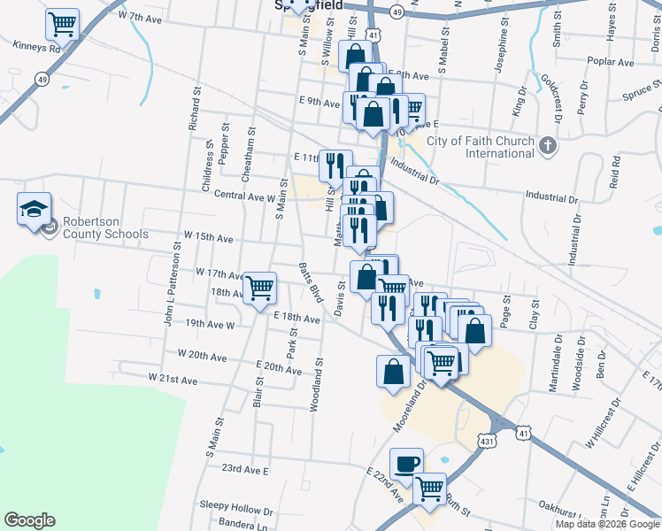 map of restaurants, bars, coffee shops, grocery stores, and more near 1506 Batts Boulevard in Springfield