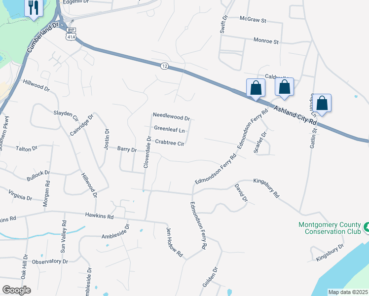 map of restaurants, bars, coffee shops, grocery stores, and more near 418 Crabtree Circle in Clarksville
